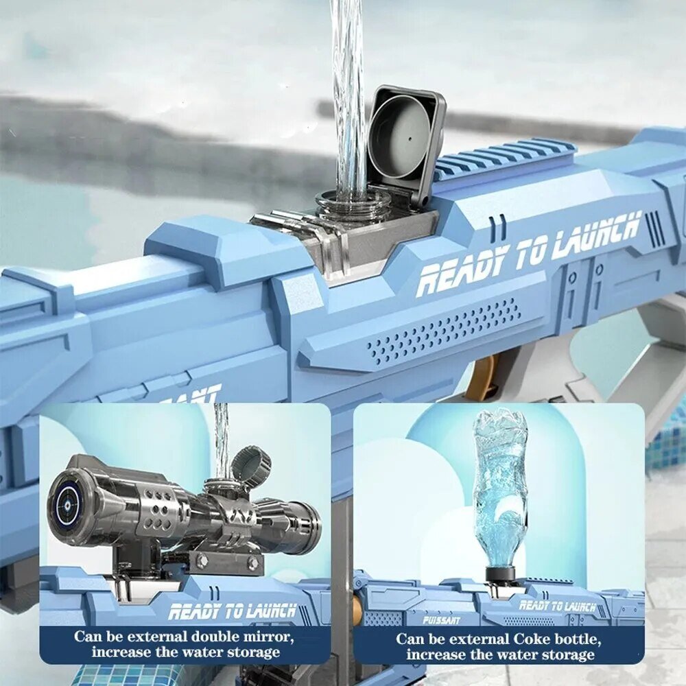 Blue water gun with features highlighted.