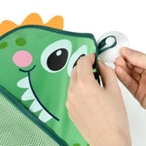 Green dinosaur-shaped pouch with a hand pulling out a white ball.
