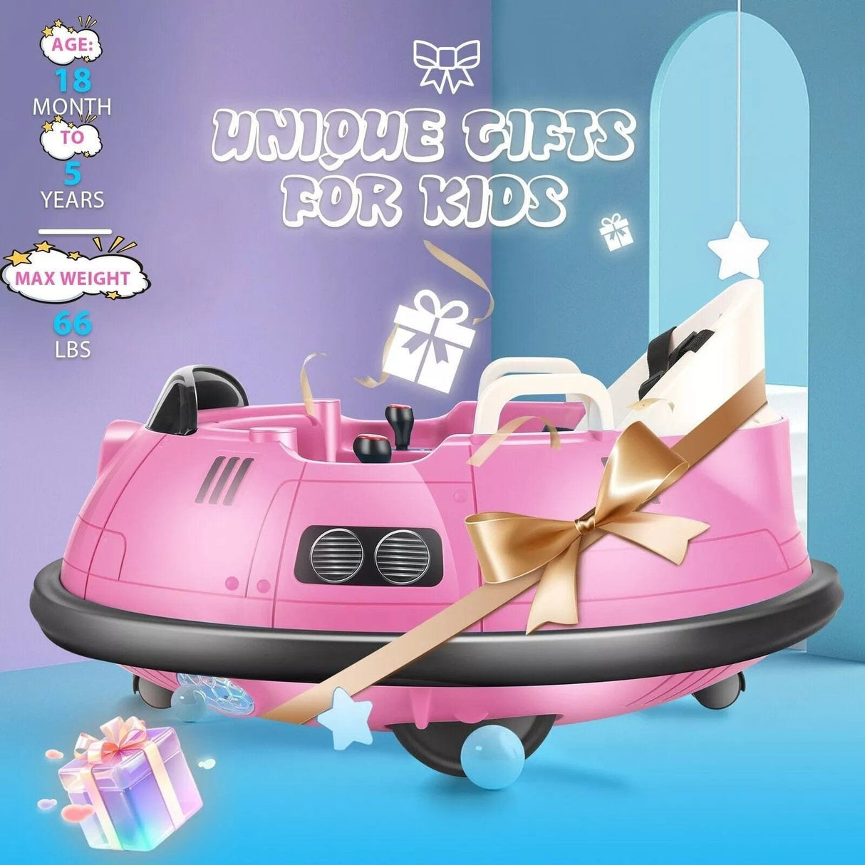 Pink toy car with a gold bow on a blue and purple background, labeled as a unique gift for kids.