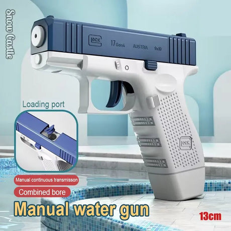 Manual water gun with detailed features.
