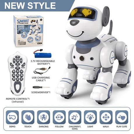 Smart robot dog with remote control, battery, and charging cable.