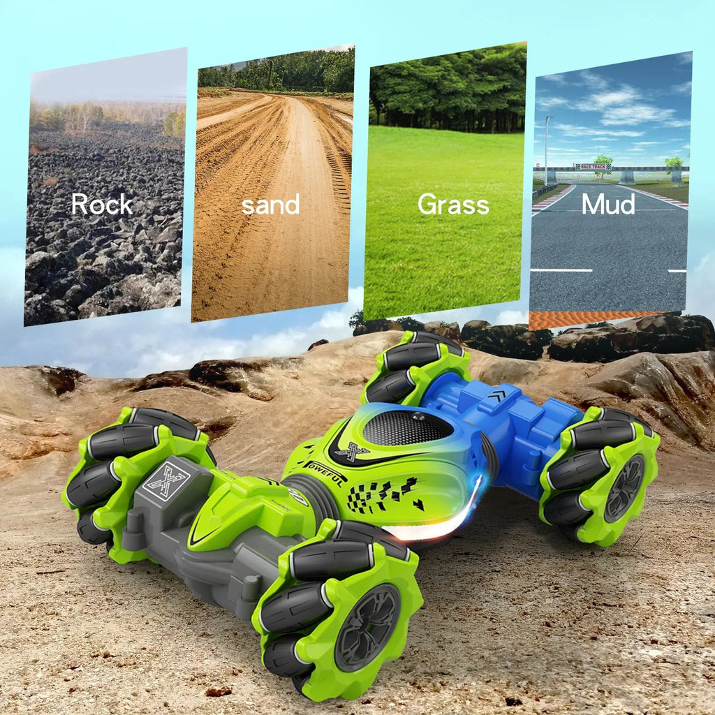 Green and blue off-road vehicle on a rocky surface with images of rock, sand, grass, and mud above.