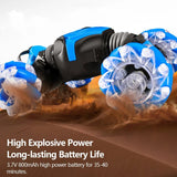 Toy vehicle with blue and black design on a brown surface, featuring text about high explosive power and long-lasting battery life.