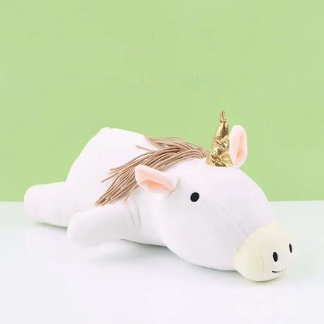 White unicorn plush toy with a gold horn 