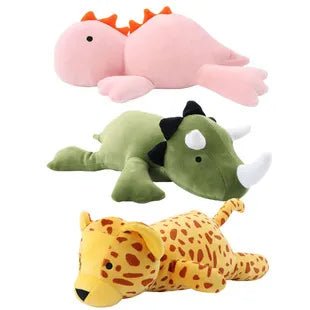 Three plush toys shaped like a pink dinosaur, green triceratops, and yellow leopard