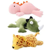 Three plush toys shaped like a pink dinosaur, green triceratops, and yellow leopard