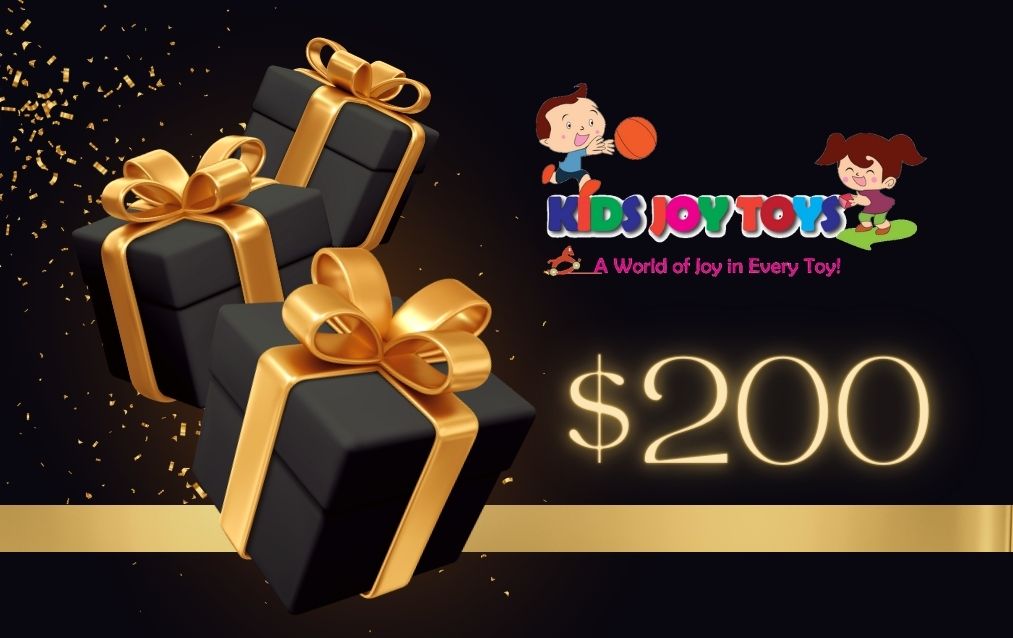 Black gift boxes with gold bows and 'Kidi Joy Town' logo on a dark background