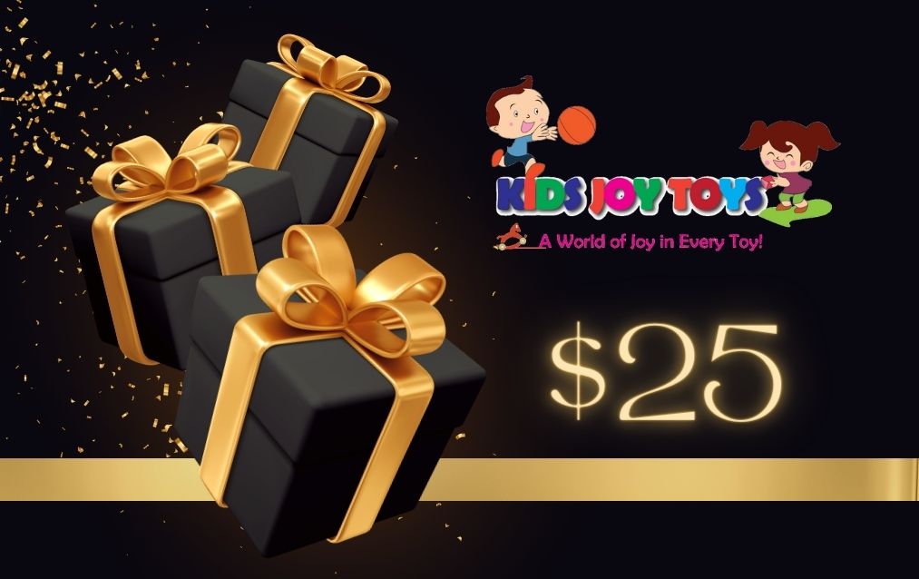 Three black gift boxes with gold ribbons and 'Kidi Joy Town' logo on a dark background.