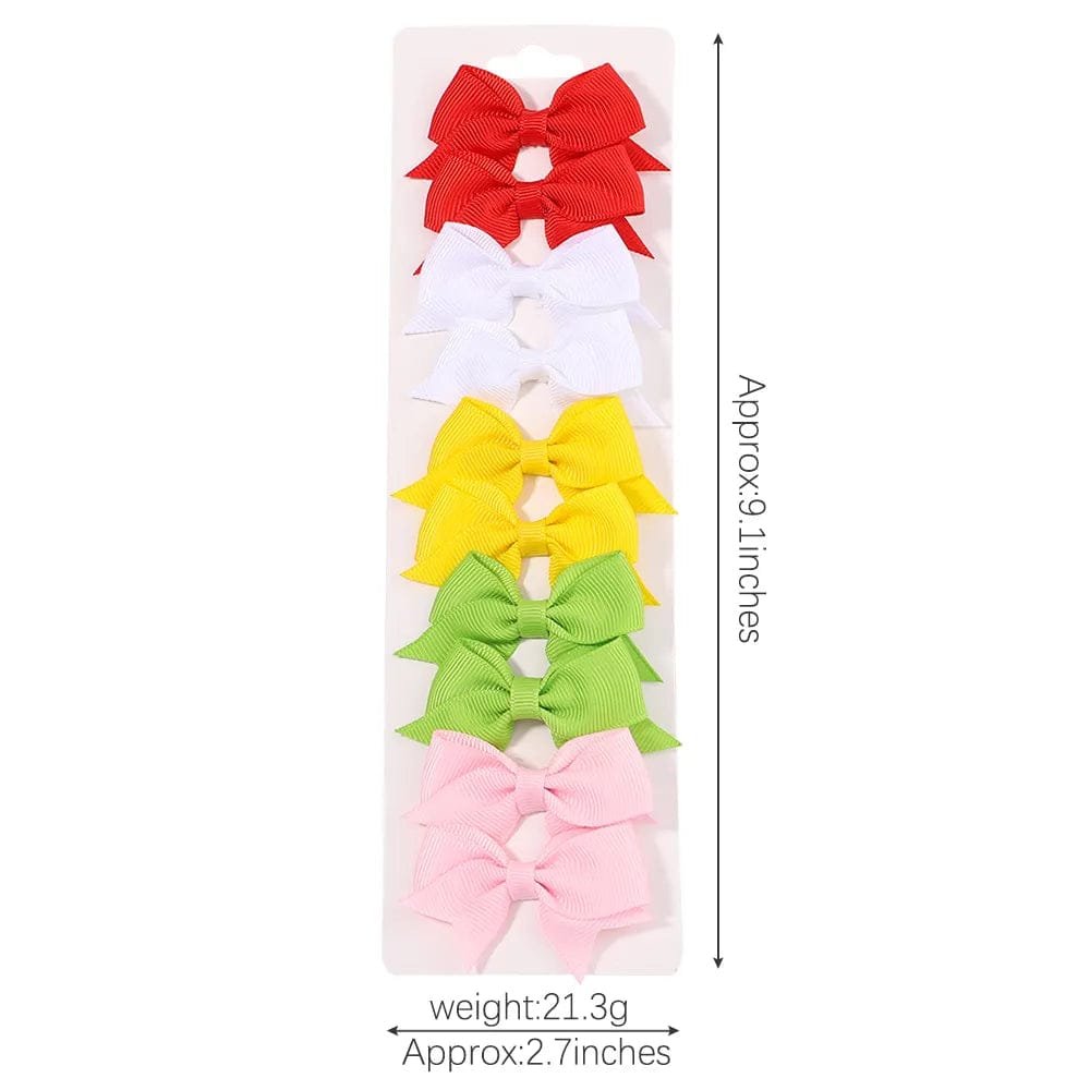 Set of colorful hair bows with measurements.