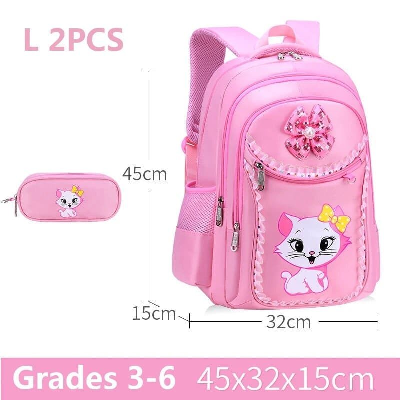Pink children's backpack and pencil case with cartoon cat design, dimensions shown.