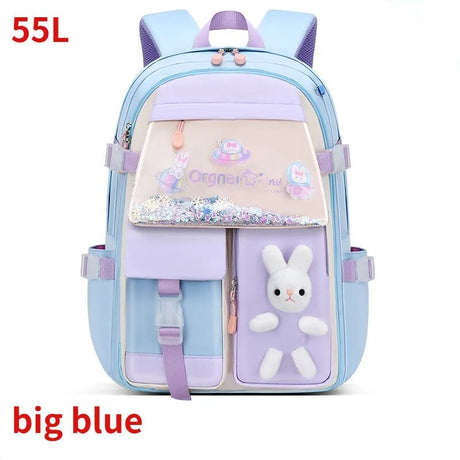 Blue and purple backpack with a bunny design 