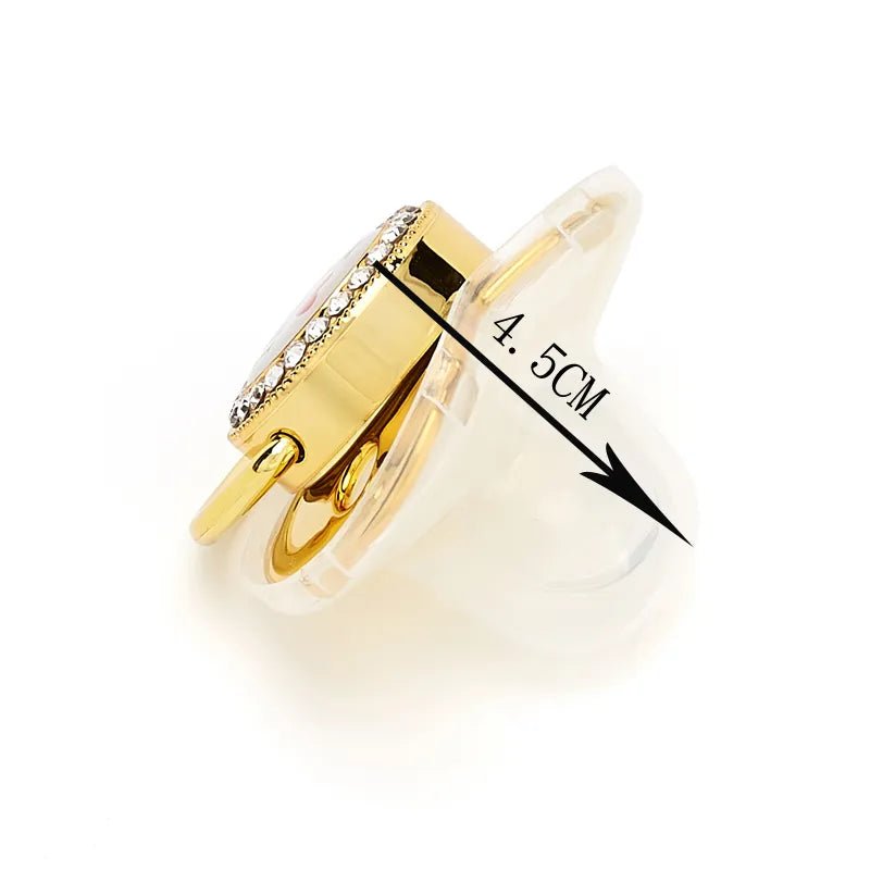 Gold ring with a measurement label on a white background