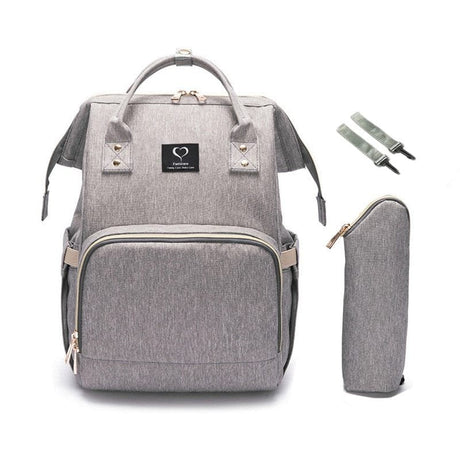 Gray backpack with a smaller pouch and straps on a white background