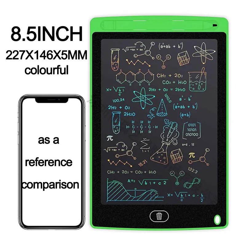 8.5-inch electronic writing pad with reference smartphone for size comparison on a white background