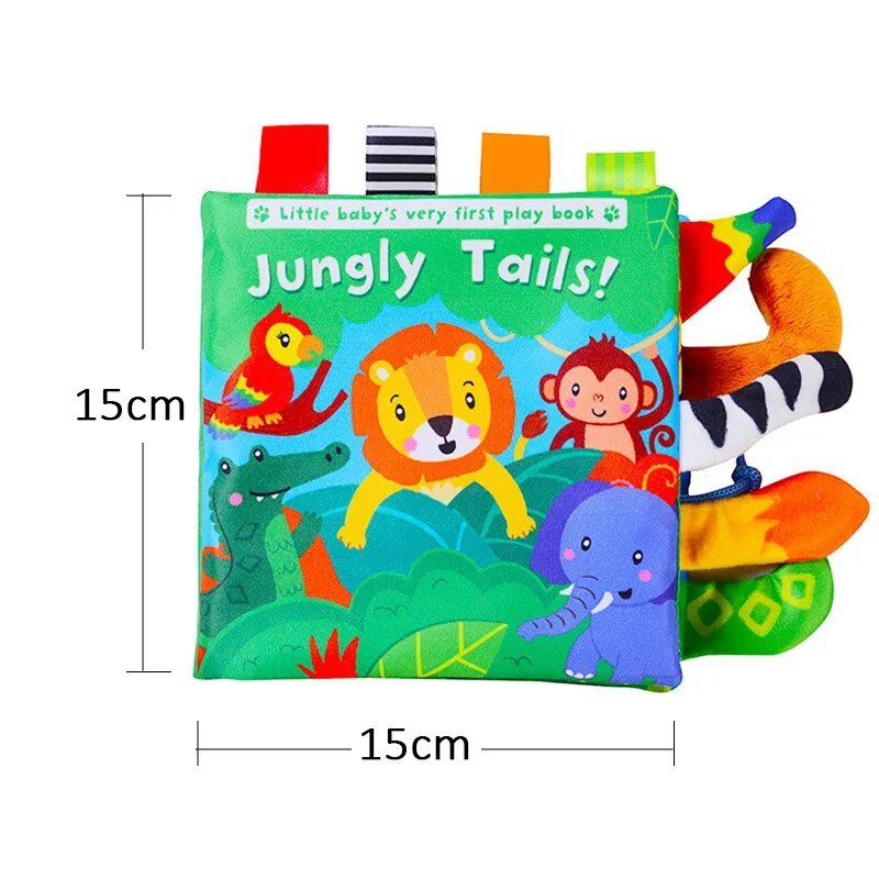 Children's book titled 'Jungly Tails!' with animal illustrations and dimensions on a white background