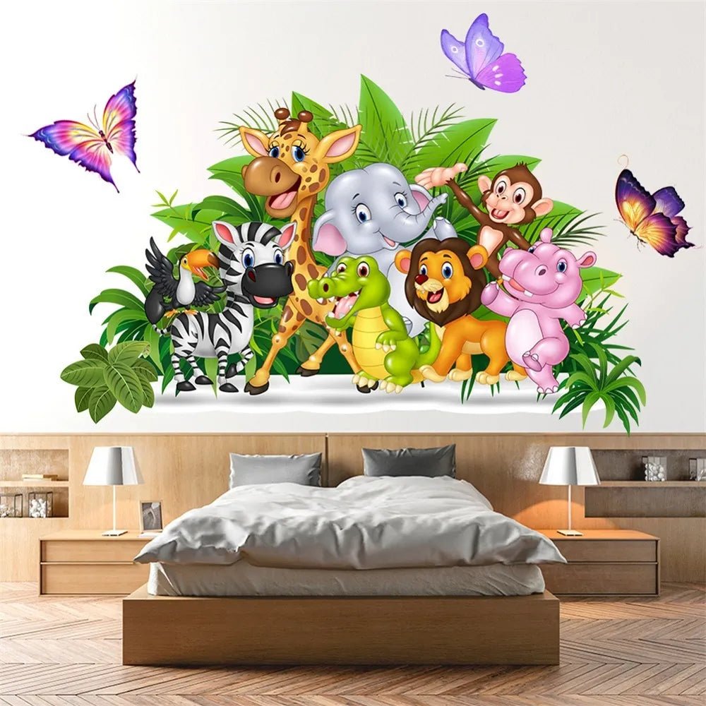 Wall decal of cartoon jungle animals on a bedroom wall