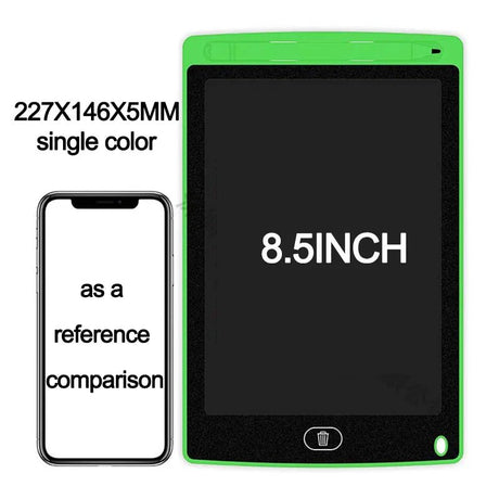 Green electronic device with a screen displaying '8.5INCH' next to a smartphone for size comparison.
