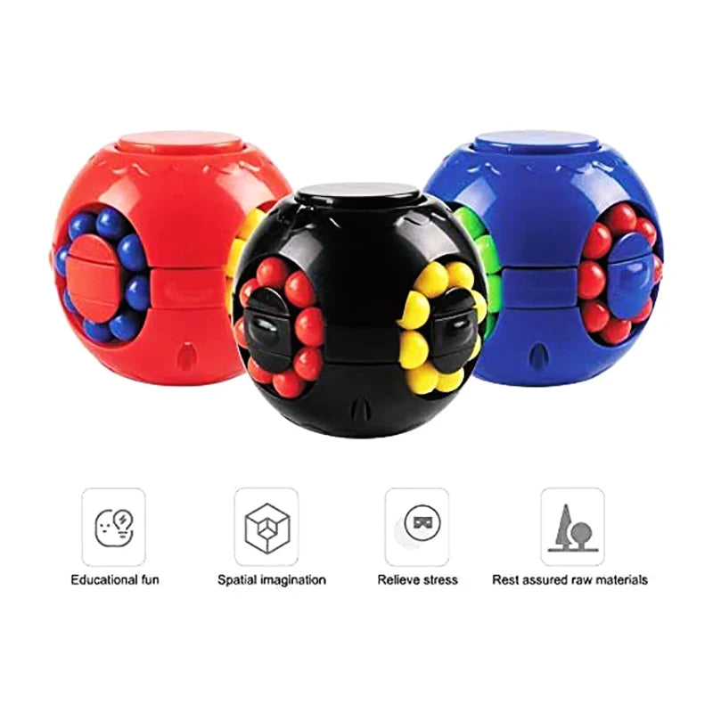 Three colorful fidget cubes on a white background with icons and text below.