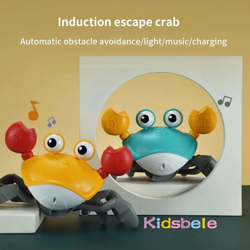 Induction escape crab toy with colorful design and 'Kidsbele' branding on a beige background.
