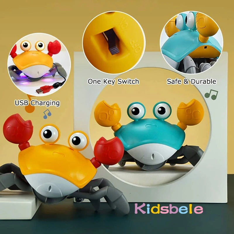 Toy crab with features highlighted and 'Kidsbele' branding.