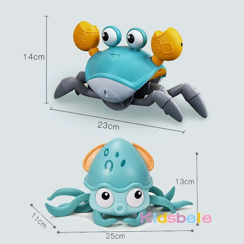 Two toy crabs with measurements and the brand 'kidsbele' displayed.