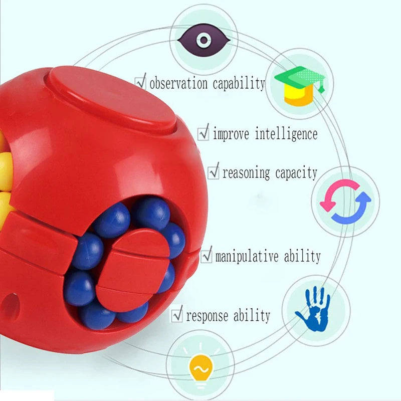 Red puzzle toy with blue balls and educational graphics on a white background