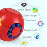 Red puzzle toy with blue balls and educational graphics on a white background