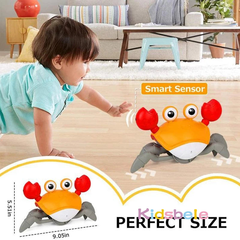 Child playing with a toy crab on a wooden floor, with a living room in the background.