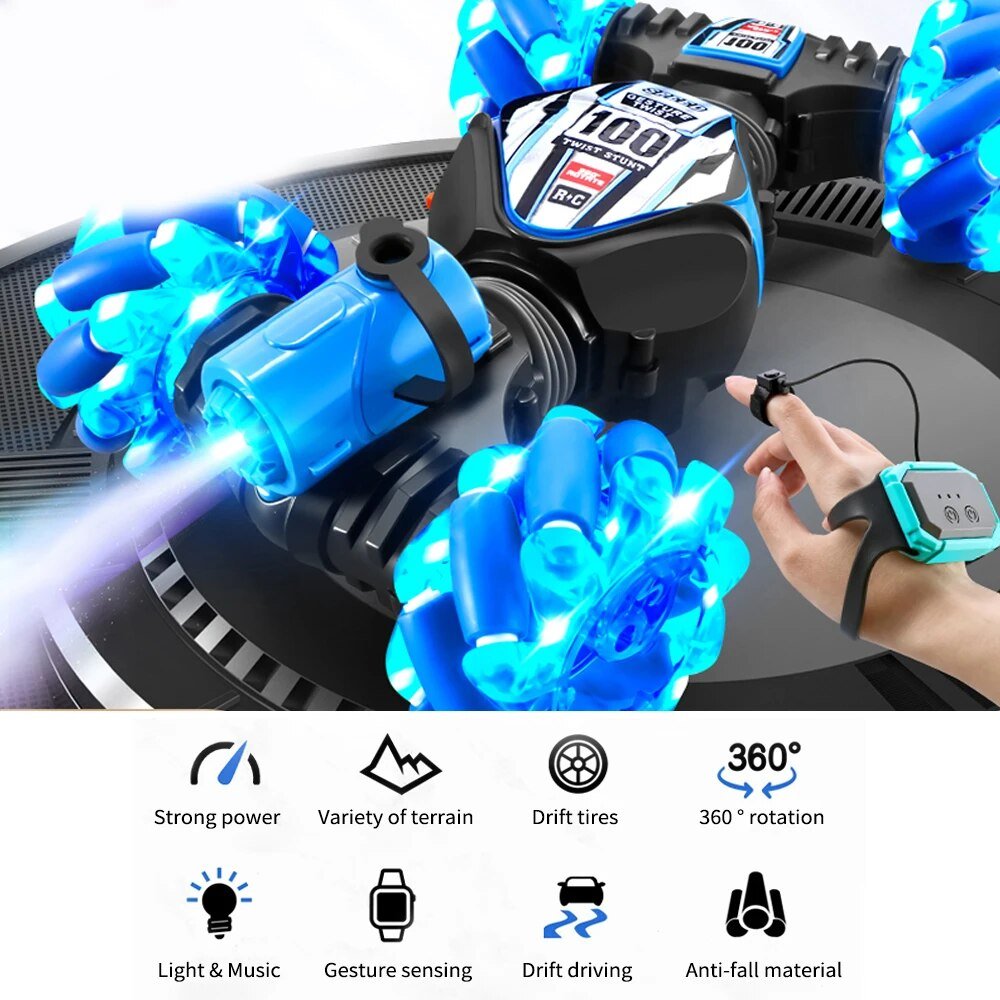 Toy car with blue lights and a hand holding a remote control, featuring features like strong power, variety of terrain, and light & music.