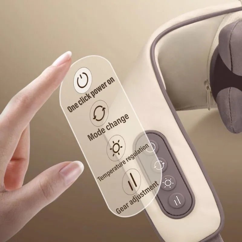 Hand holding a remote control with massage chair features on a beige background