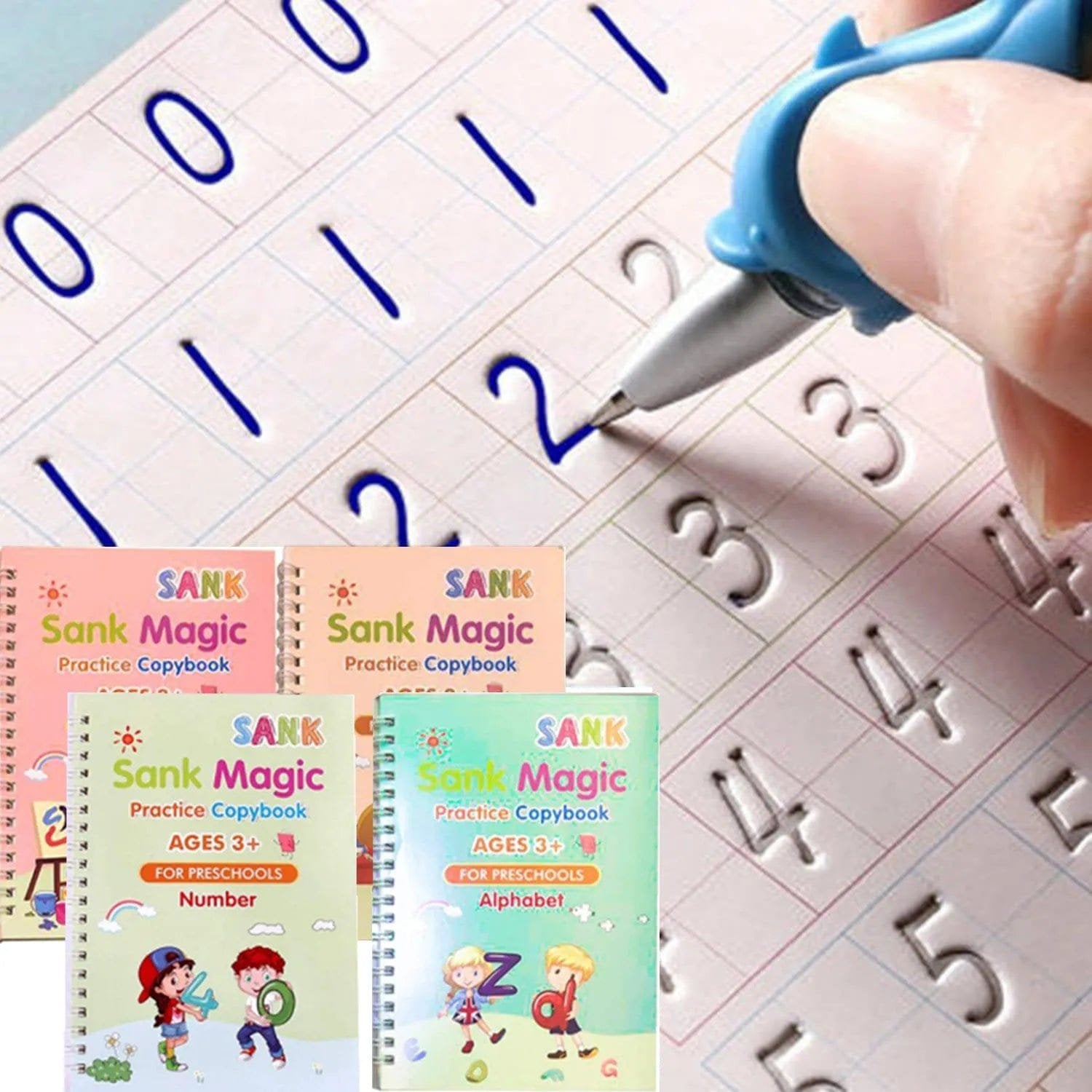 Handwriting practice book with numbers and letters, pen, and scissors on a table.