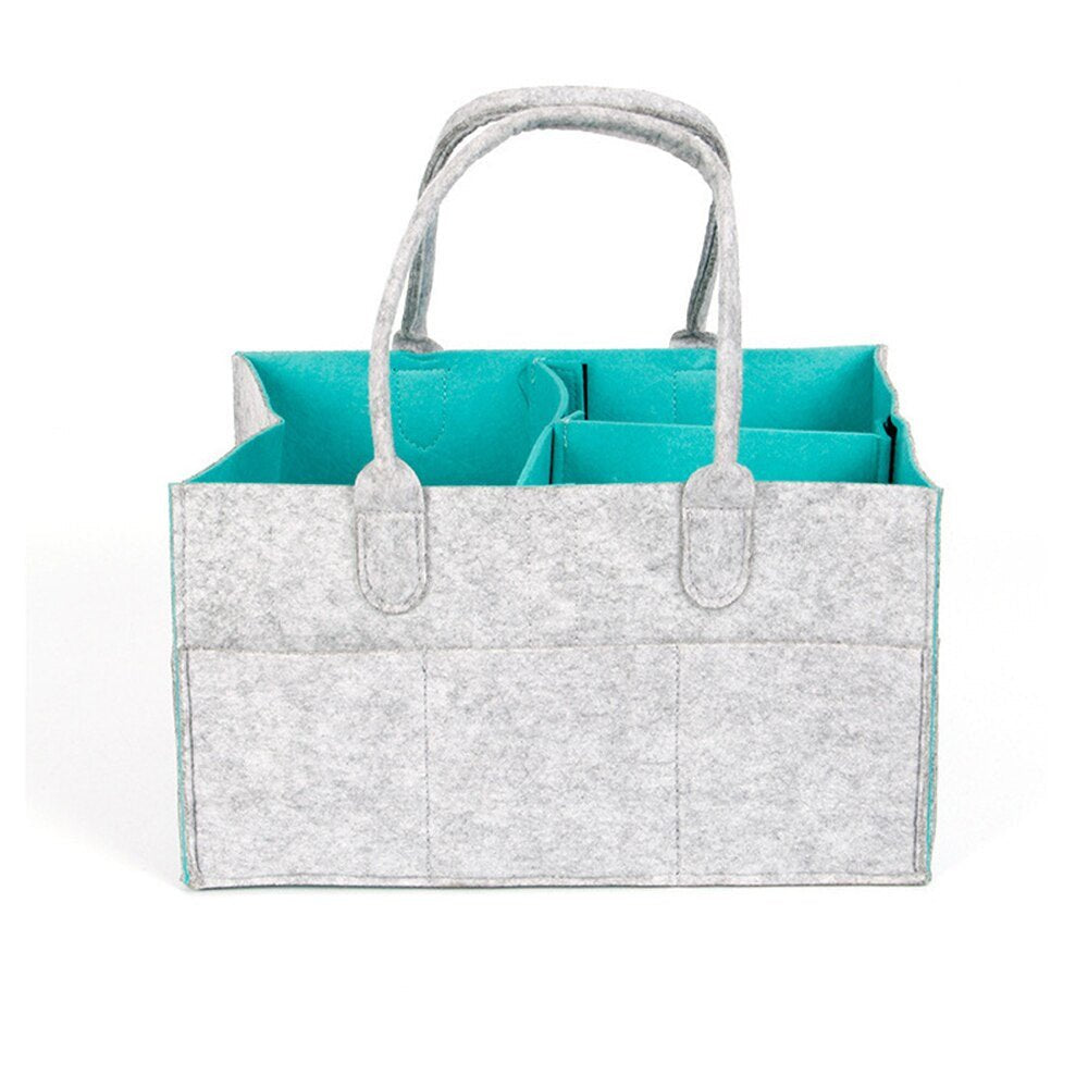 Gray felt tote bag with teal interior