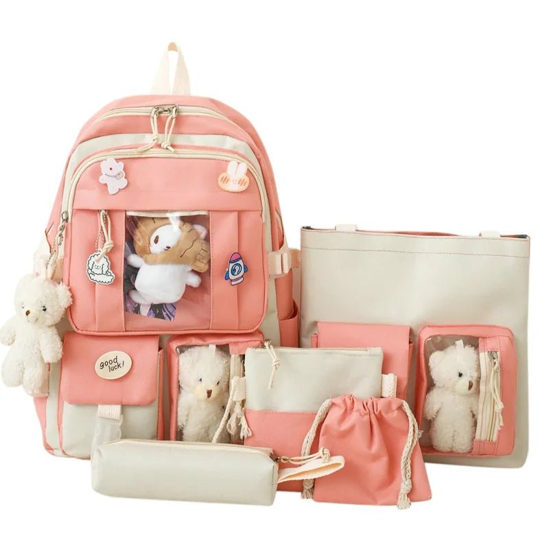 Pink and beige backpack set with plush toys.