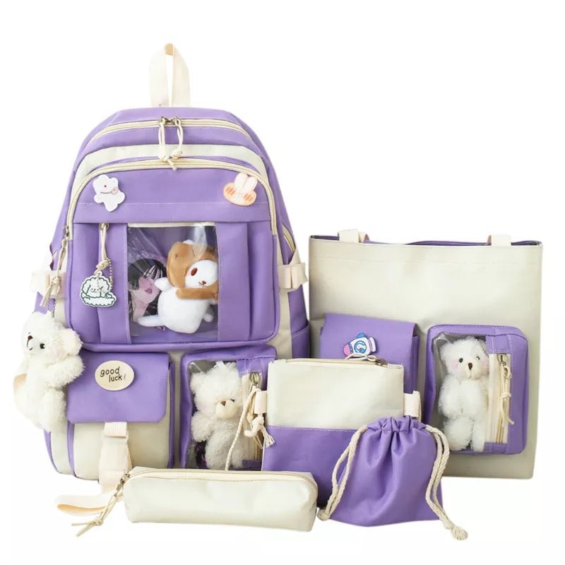 Purple and white backpack set with plush toys.