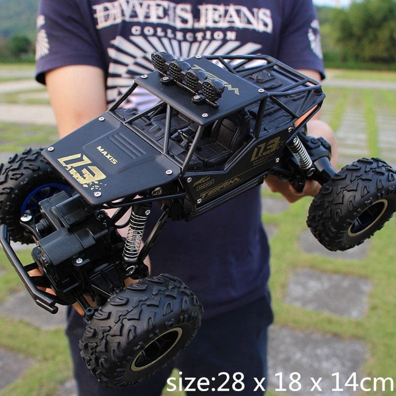Person holding a large black RC truck with 'Maxus' branding outdoors.