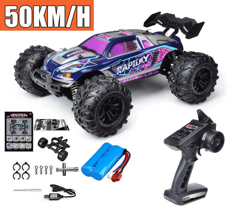 Remote control monster truck with accessories.