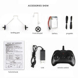 List of accessories including landing gear, front bracket, battery, propeller, USB cable, remote control, and tutorial book.