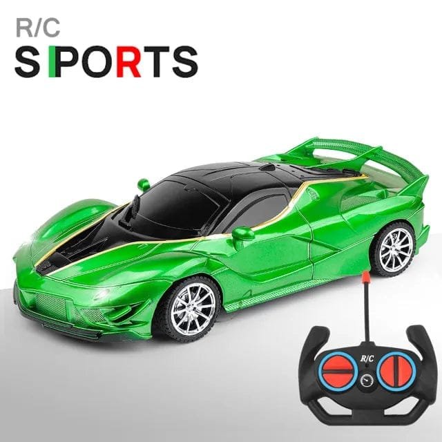 Green toy sports car with remote control on a white background, featuring 'R/C Sports' branding.
