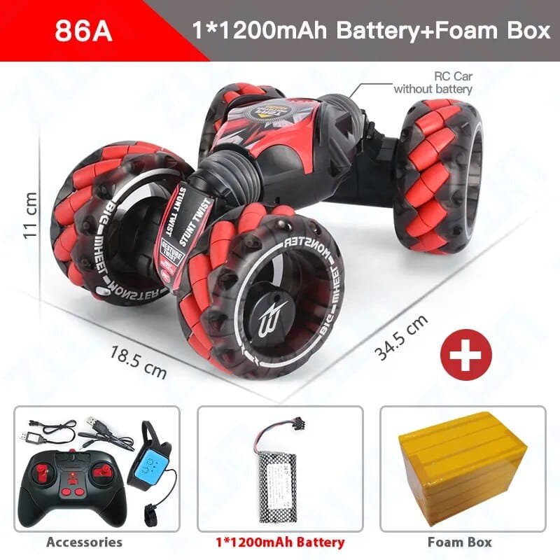 Toy car with red and black design, battery, controller, and foam box