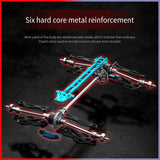 Metallic suspension arm assembly with text about metal reinforcement.