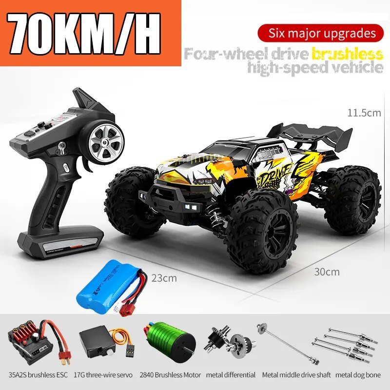 Toy car with remote control and specifications.