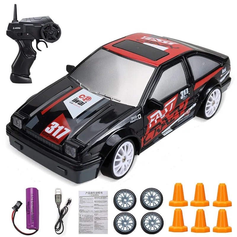 Toy car with remote control, battery, and accessories 