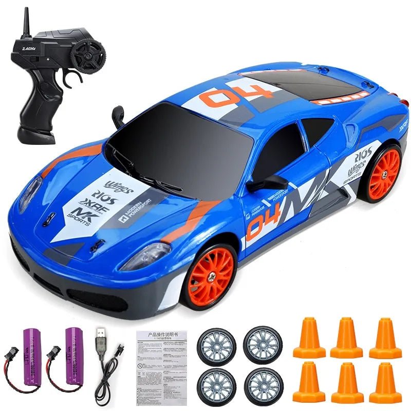 Blue toy race car with remote control, batteries, and accessories.