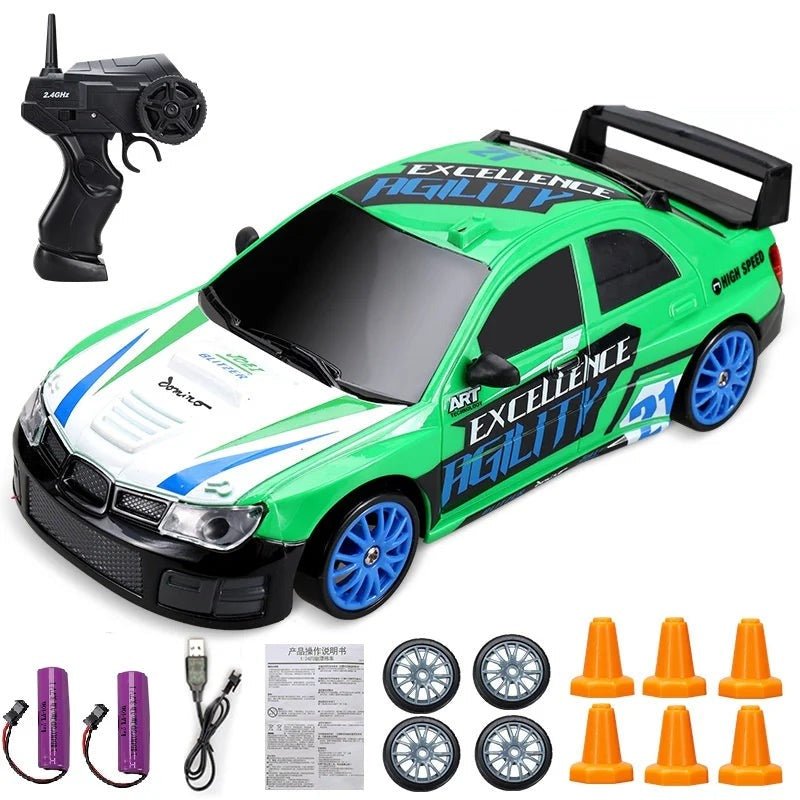 Green and white remote control car with accessories.