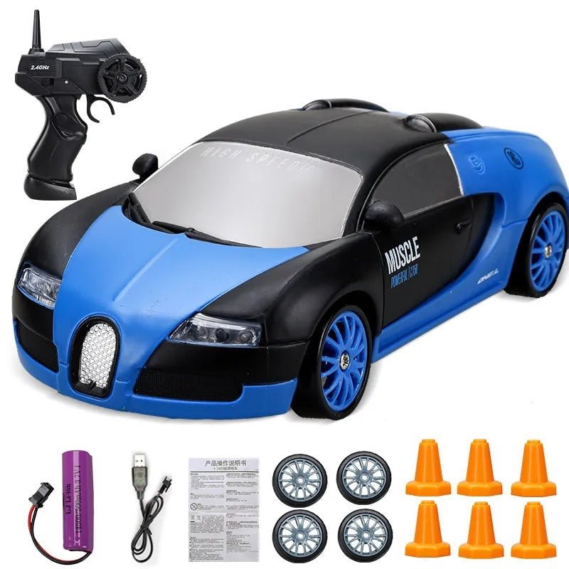 Toy car with remote control, battery, and accessories.