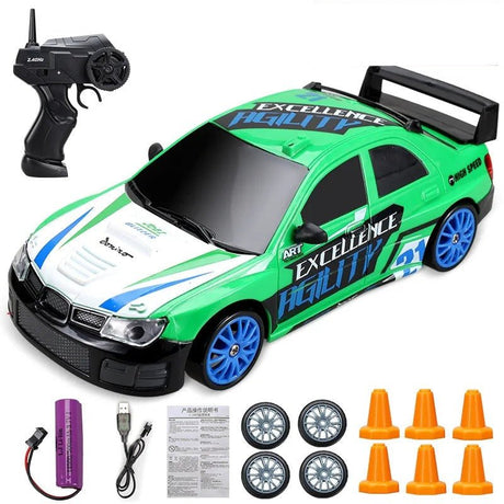 Green toy race car with remote control, battery, and accessories.