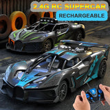 Two rechargeable RC supercars with a remote control held by a hand