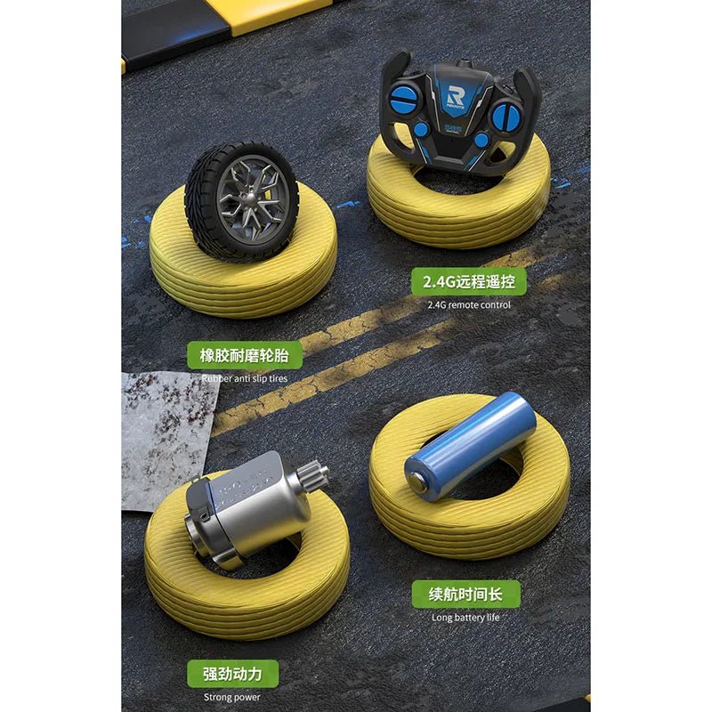 Toy car parts including wheels, remote control, motor, and battery