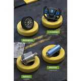 Toy car parts including wheels, remote control, motor, and battery