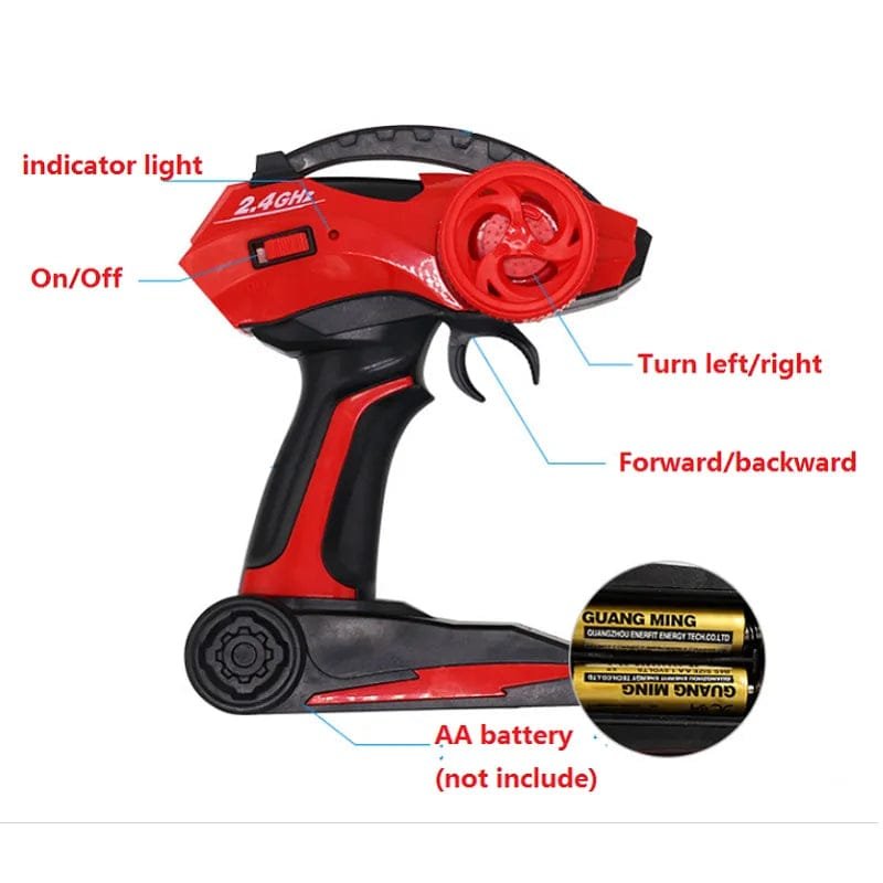 Red and black toy remote control vehicle with labeled parts.